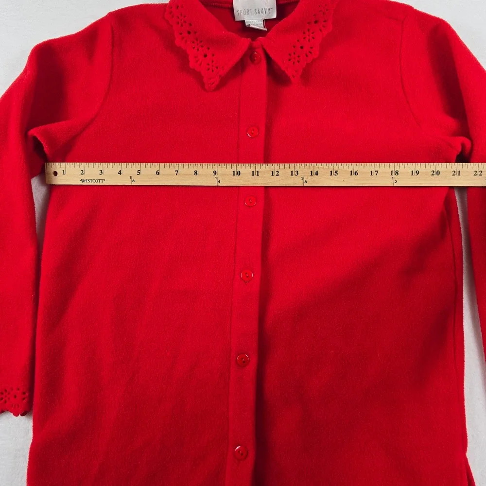 Sport Savvy Red Fleece Button Front‎ Top Eyelet Trim Scalloped Hem Women Medium